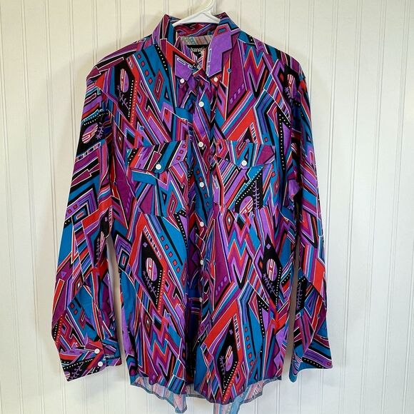 Vtg Wrangler X‎ Lg Tails Shirt 16.5 35Purple Aztec Rodeo Cowboy Western Checotah - Picture 12 of 12